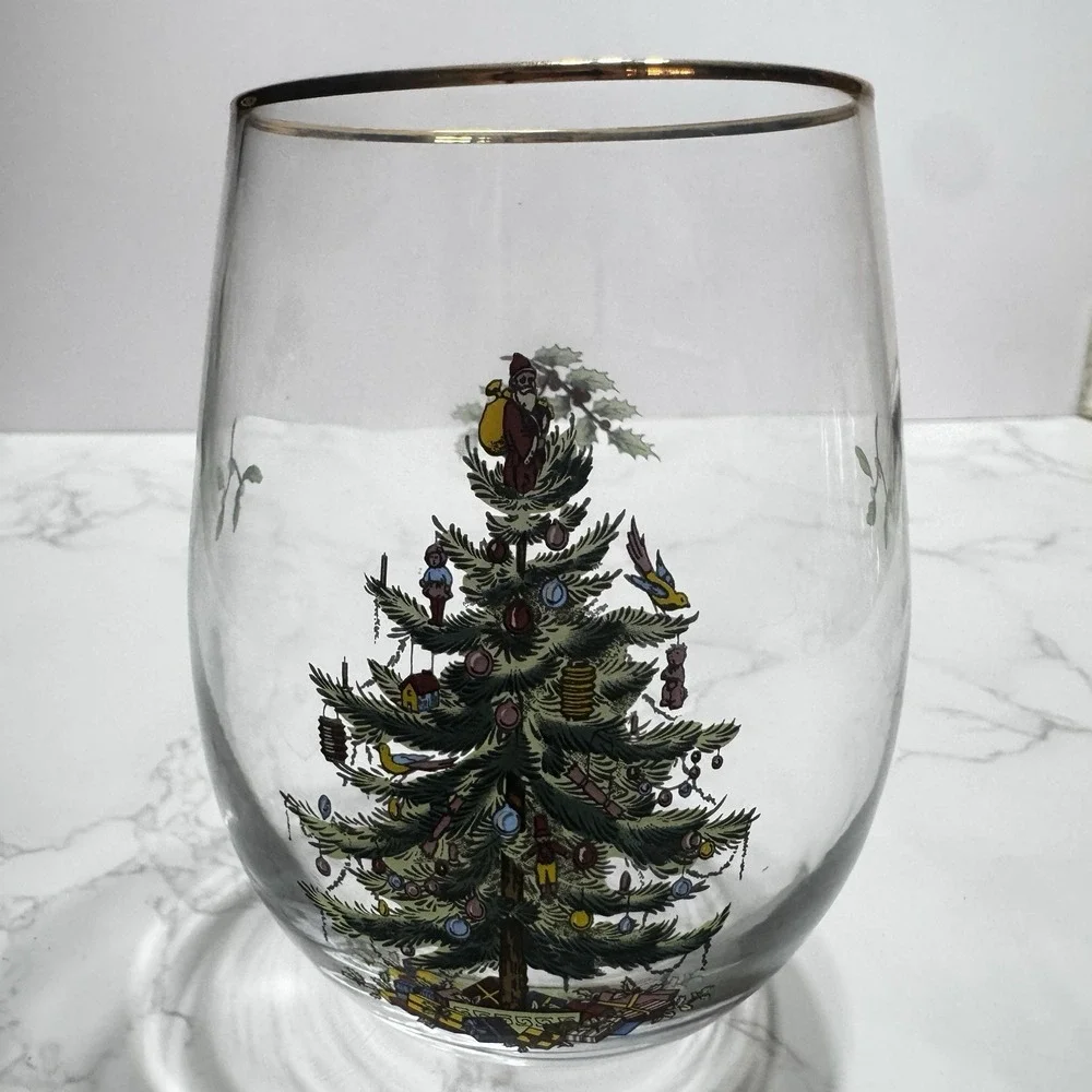 Spode Christmas Tree Stemless Wine Glasses Gold Trim Rim, 19 Oz - Set of 4